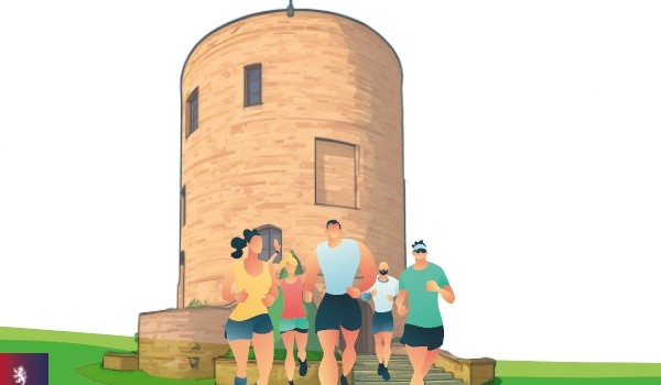 Locandina raffigurante la torre Guevara e gruppo di runner